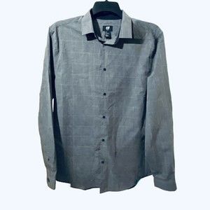 Men's Button Up Casual Dress Work Shirt Gray Slim Fit Easy Iron H&M Size L